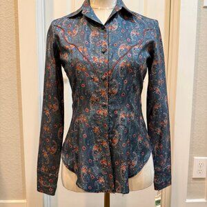 Womens Blue Paisley Button-Down Shirt
